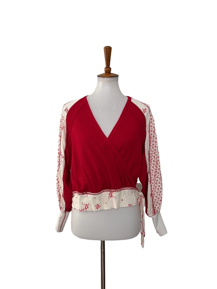 Free People Two Toned Faux Wrap Pullover Top Long Sleeve Red L Large - Picture 1 of 7